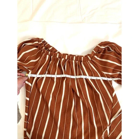 Anthropologie Womens Off The Shoulder Top Rust & White Stripe Elastic Neckline S - Picture 7 of 9
